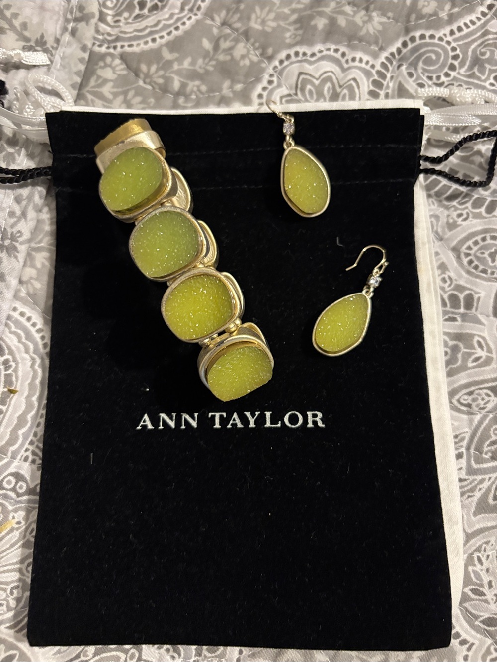 Ann Taylor Gold-Tone Bracelet & Earrings with Lime Druzy Stones.In original bag